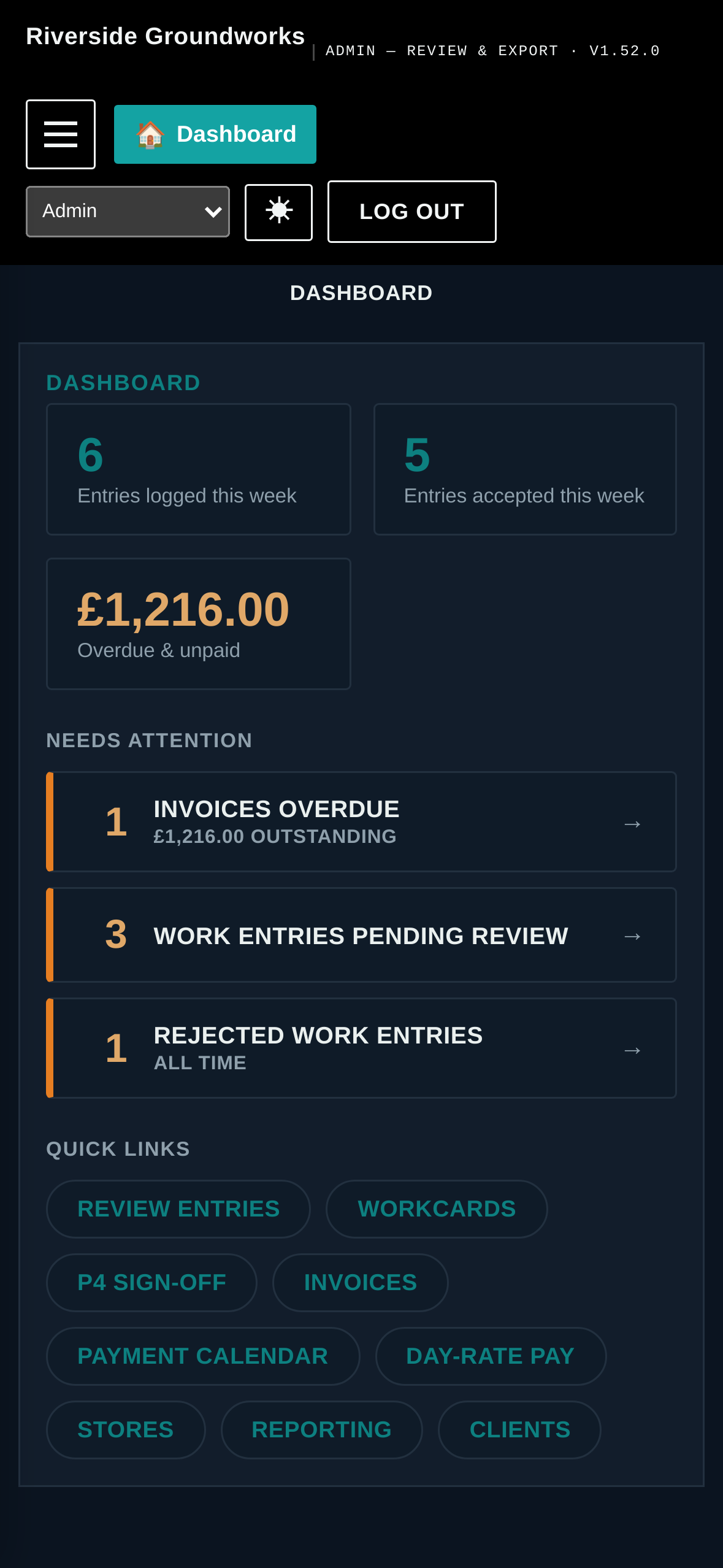 HolGrig admin dashboard on a phone: entries logged this week, an overdue invoice total, and a needs-attention list showing work entries pending review and an overdue invoice