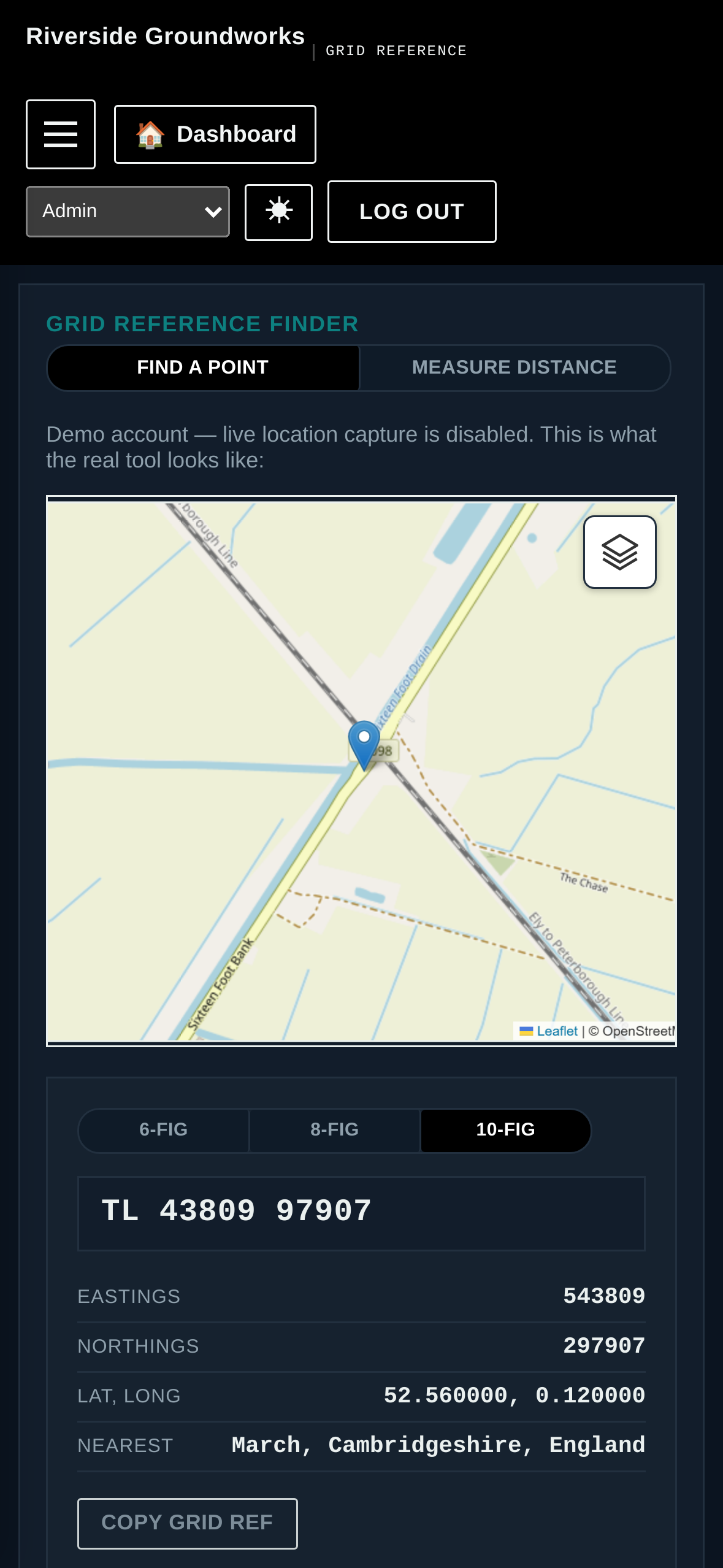 HolGrig Grid Reference tool on a phone: a map pin over a logged location with the calculated Ordnance Survey grid reference, eastings, northings and nearest place shown below